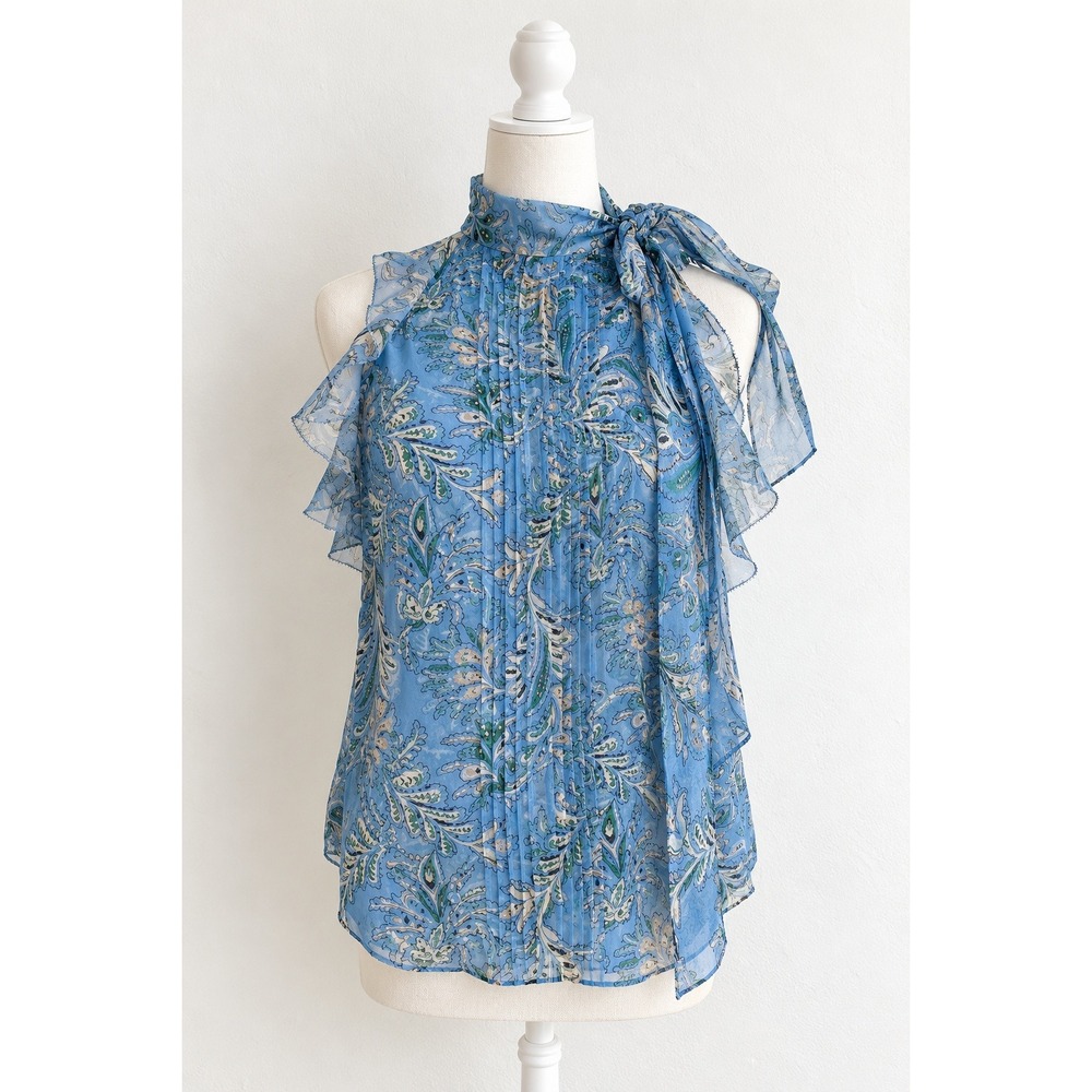 Veronica Beard 100% Silk Sleeveless Tie Neck Blouse 10 Aero Blue Paisley $398